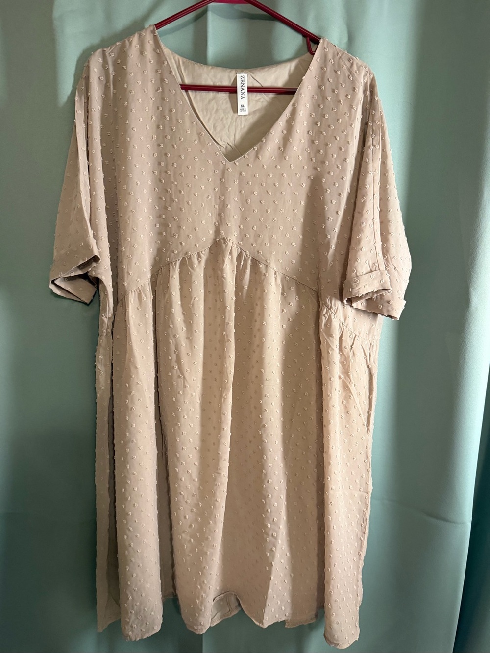 Zenana Outfitters Beige V-Neck Swiss Dot Midi Dress
